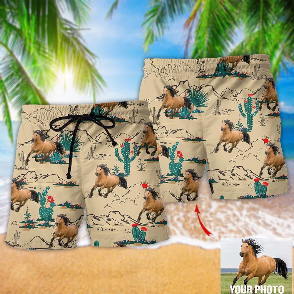 Horse Desert Floral Cactus Custom Photo Trendy Aloha Hawaiian Beach Shorts