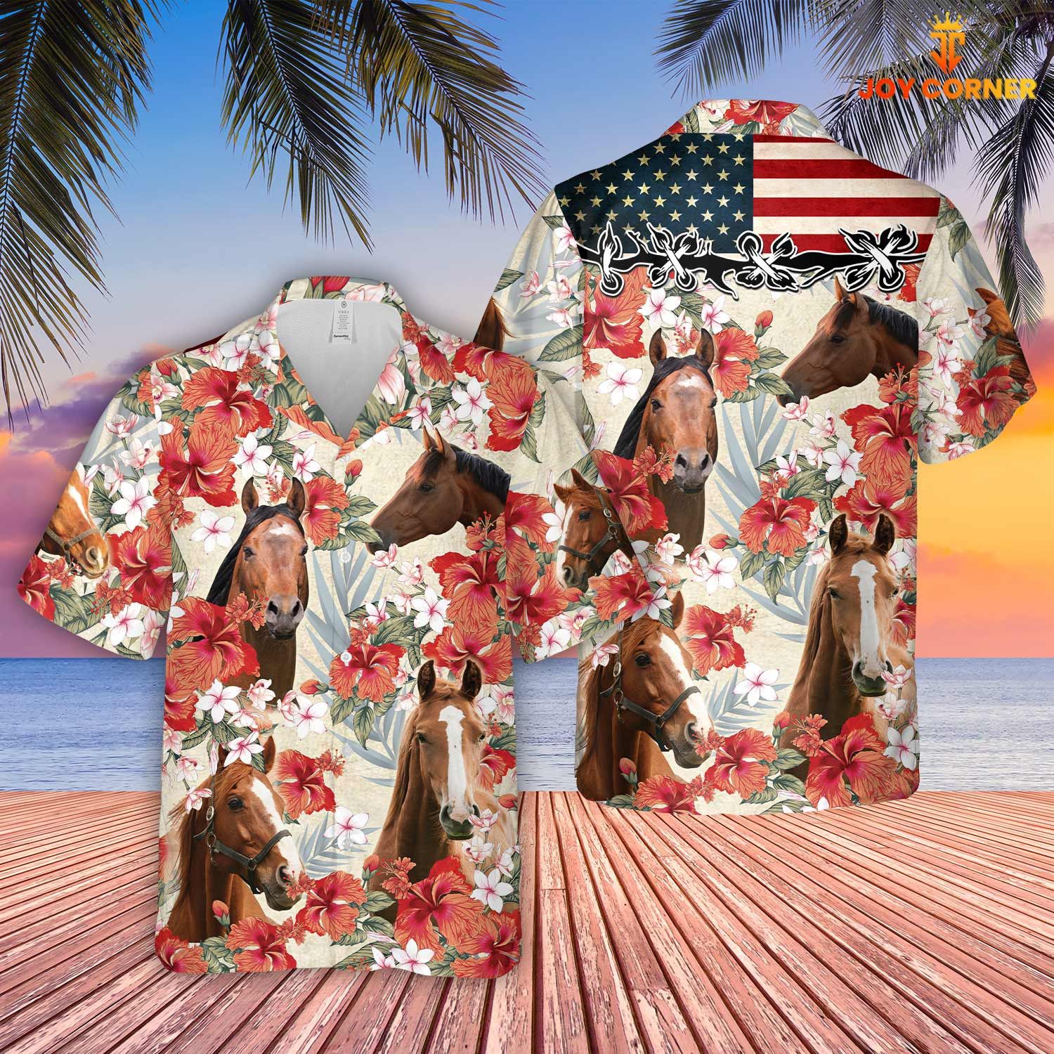 Horse Embellished With Us Flag Hibiscus Hawaiian Shirt