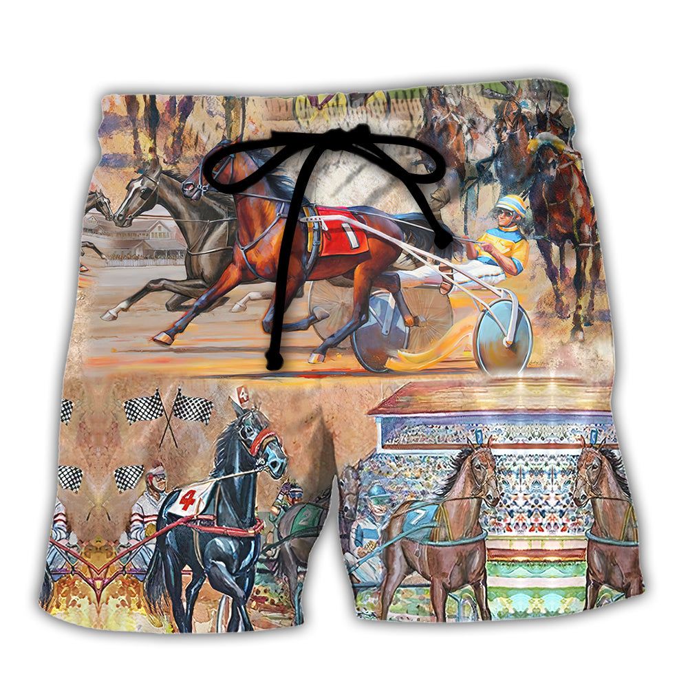 Horse Harness Racing On With Passion Trendy Aloha Hawaiian Beach Shorts Horse Harness Racing On With Passion Trendy Aloha Hawaiian Beach Shorts