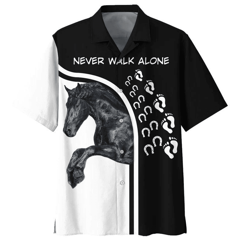 Horse Hawaiian Shirt Black Horse Never Walk Alone Horseshoes Footprints Black Hawaii Aloha Shirt