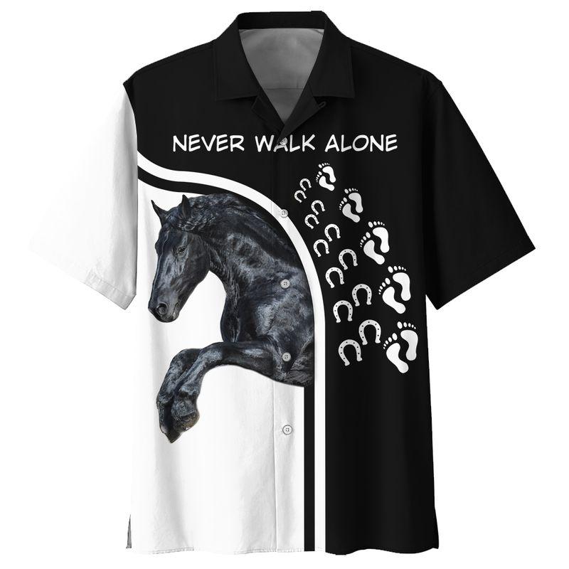 Horse Hawaiian Shirt Black Horse Never Walk Alone Horseshoes Footprints Black Hawaii Aloha Shirt