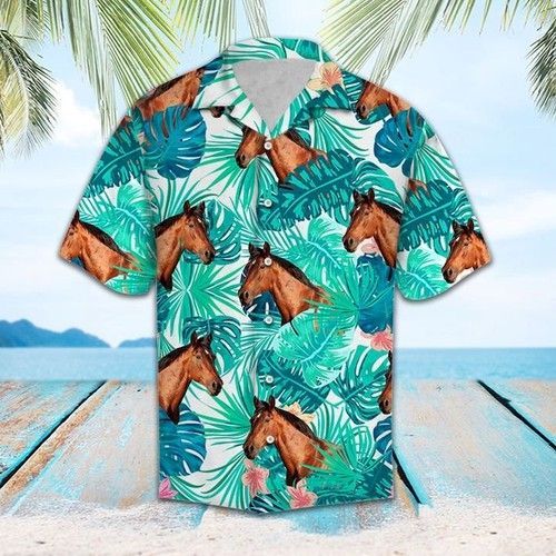 Horse Hawaiian Shirt Horse Tropical Pattern Green Horse Lover Hawaii Aloha Shirt