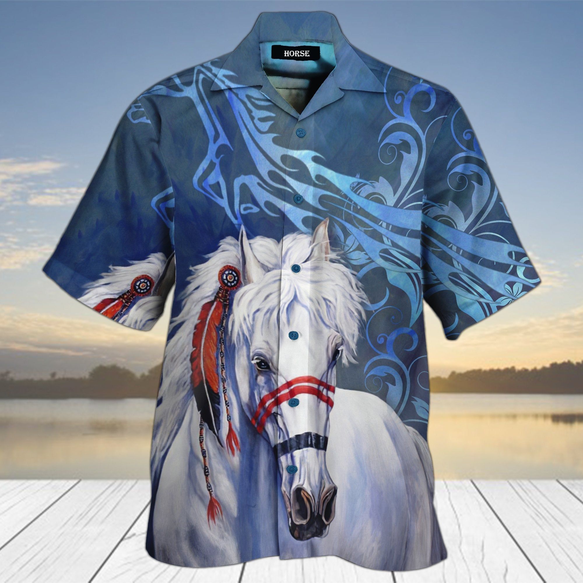 Horse Hawaiian Shirt Native American White Horse Blue Hawaii Shirt For Girls Horse Lover Aloha Shirt