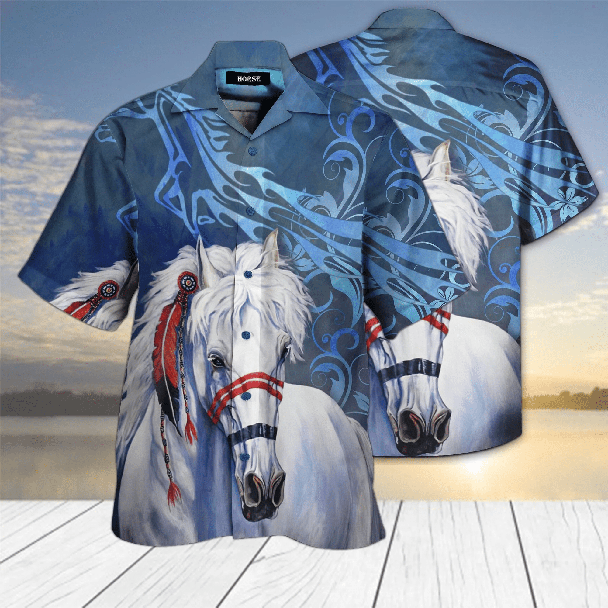Horse Hawaiian Shirt Native American White Horse Blue Hawaii Shirt For Girls Horse Lover Aloha Shirt