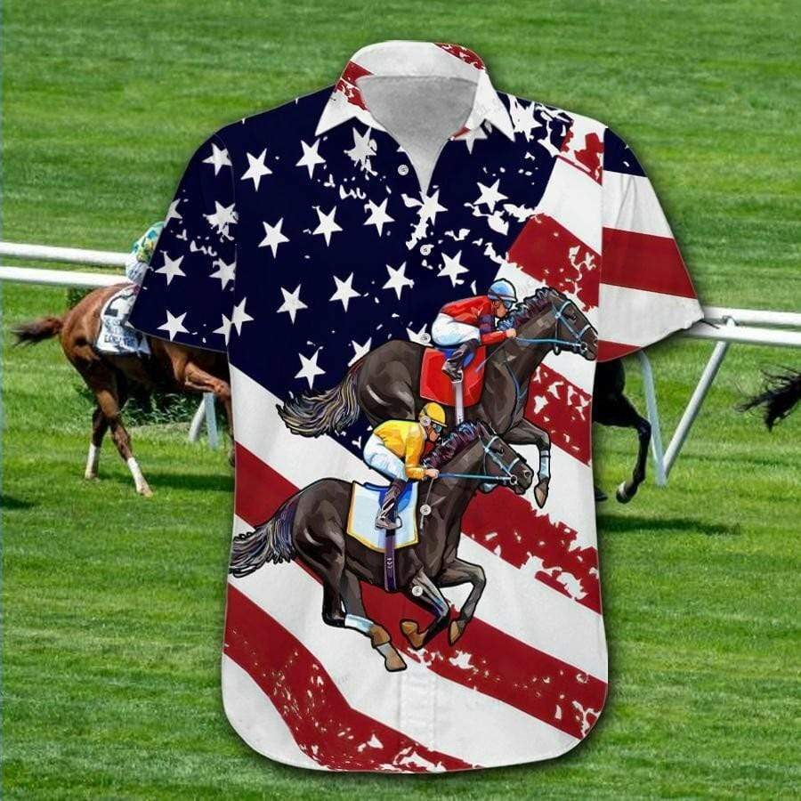 Horse Hawaiian Shirt Racing Horse American Flag Hawaii Aloha Shirt