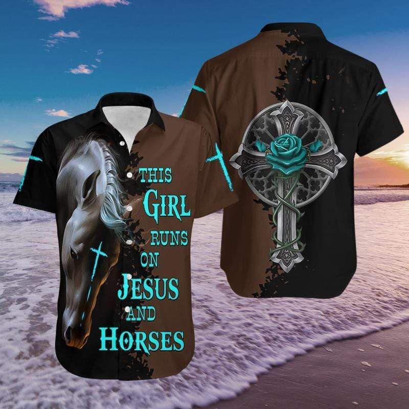 Horse Hawaiian Shirt This Girl Runs On Jesus And Horses Black Brown Horse Lover Hawaii Aloha Shirt
