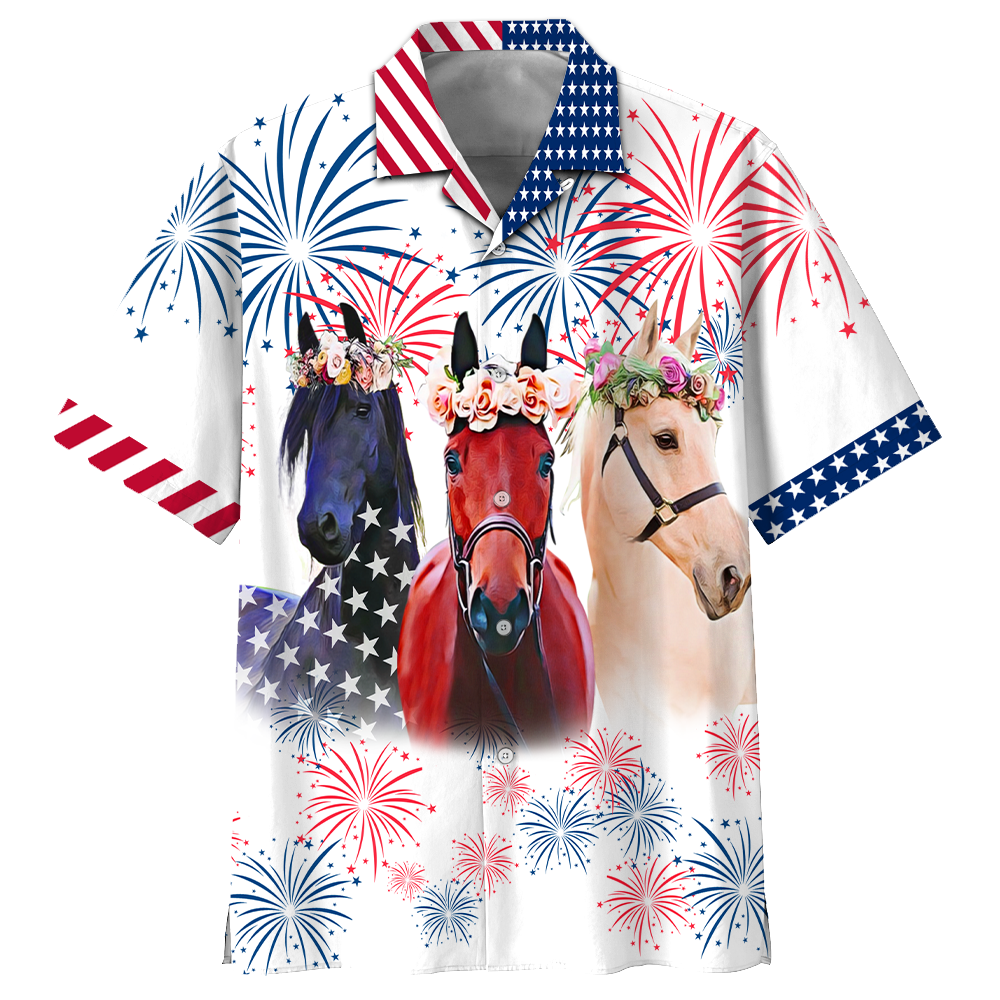 Horse Hawaiian Shirt Three Horses American Flag Fireworks Horse Lover Hawaii Aloha Shirt