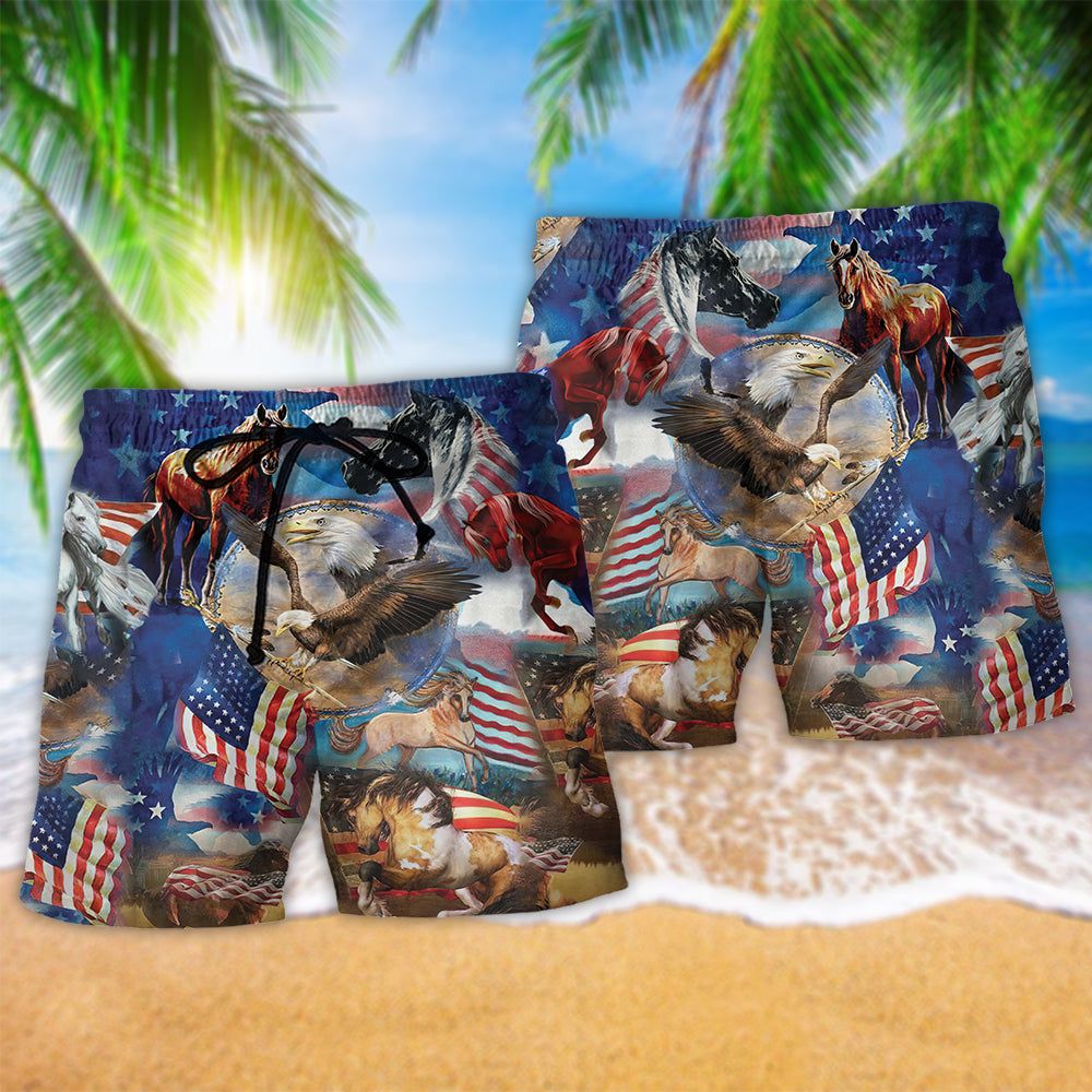 Horse Patriotic America Flag Trendy Aloha Hawaiian Beach Shorts