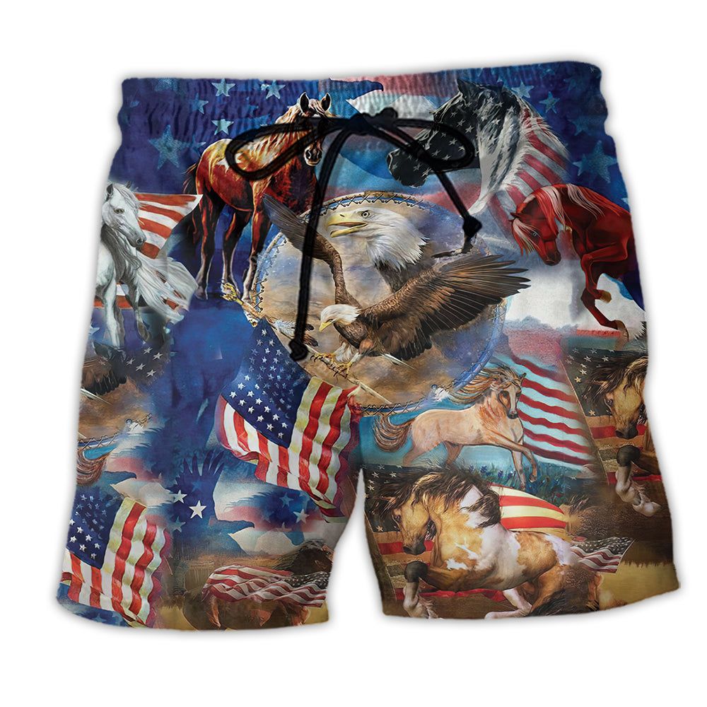 Horse Patriotic America Flag Trendy Aloha Hawaiian Beach Shorts
