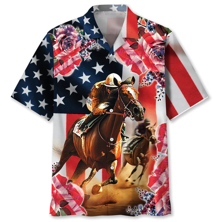 Horse Racing Rose American Flag Trendy Hawaiian Shirt For Men And Women