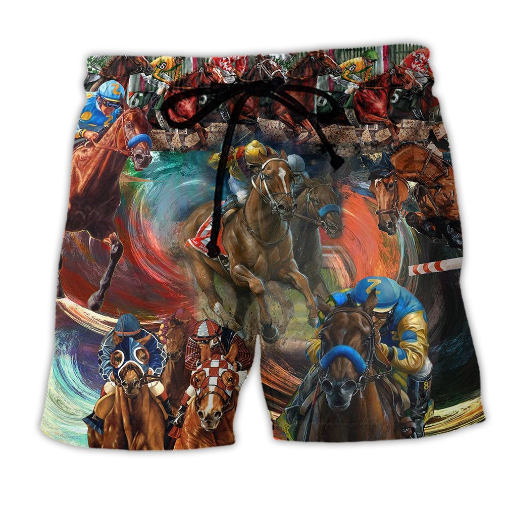 Horse Racing So Colorful Trendy Aloha Hawaiian Beach Shorts Horse Racing So Colorful Trendy Aloha Hawaiian Beach Shorts