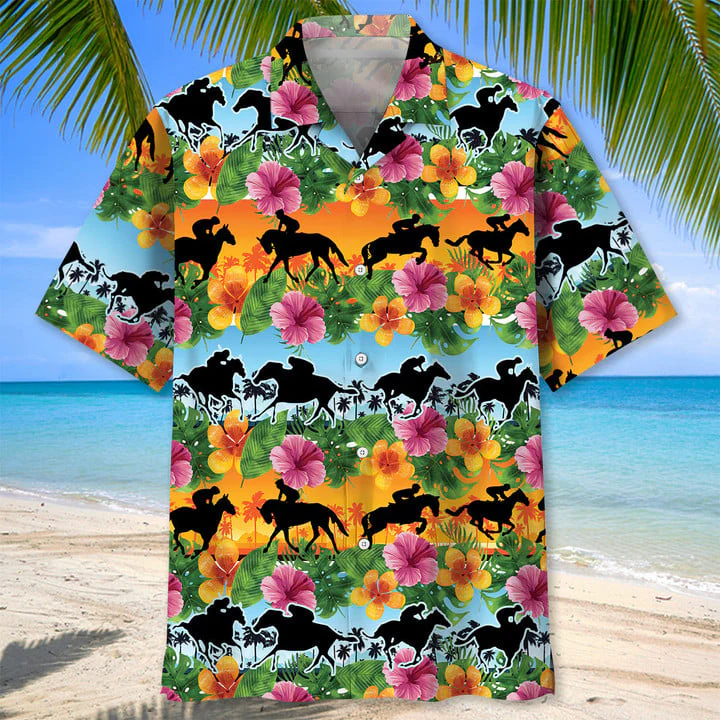Horse Racing Tropical Color Trendy Hawaiian Shirt For Men And Women
