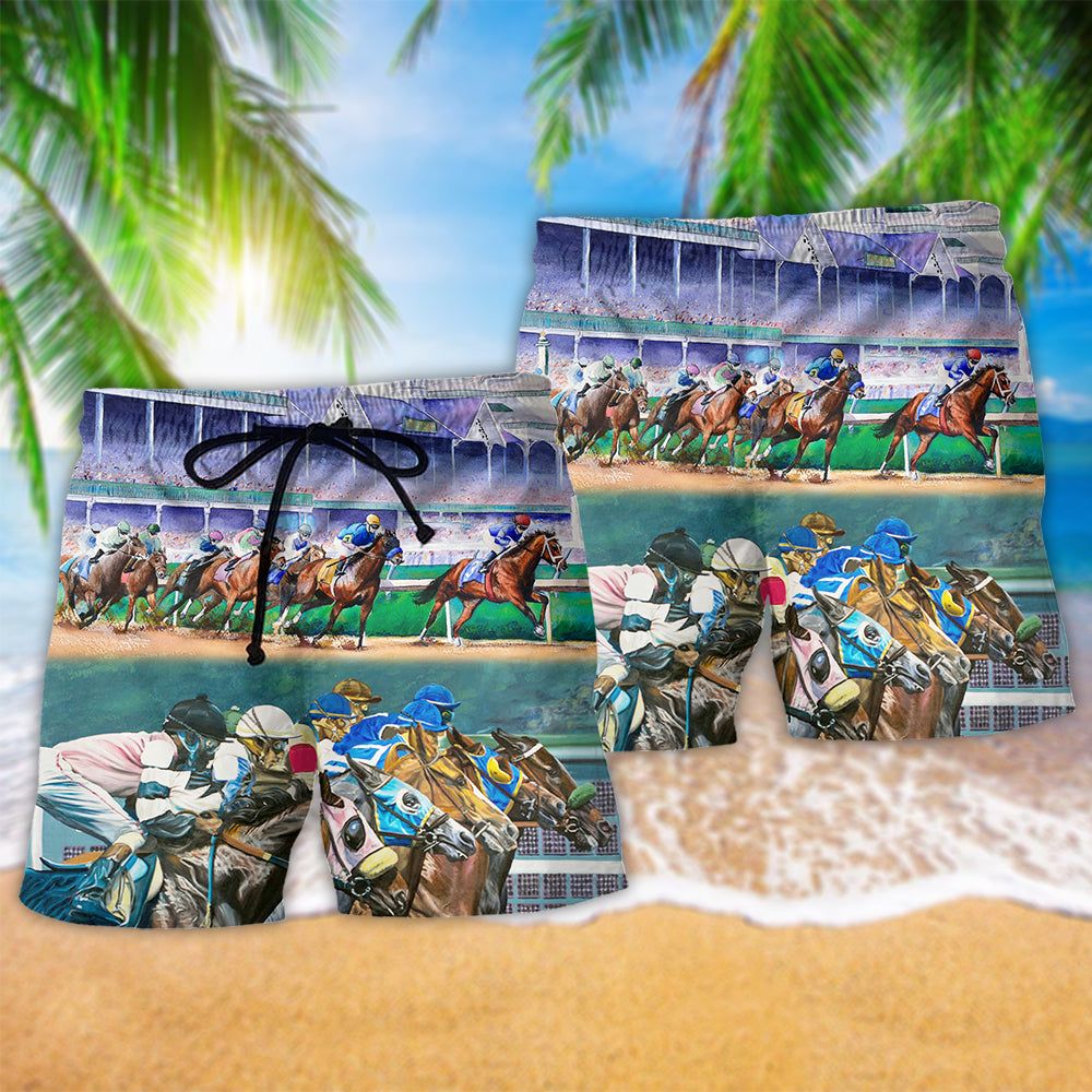 Horse Racing We Love Cool Style Trendy Aloha Hawaiian Beach Shorts