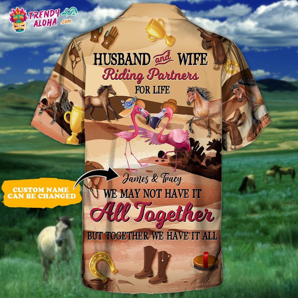 Horse Riding Flamingo Husband And Wife Riding Partners For Life Personalized – Hawaiian Shirt – Personalized Photo Gifts Hawaiian Shirt – Trendy Aloha