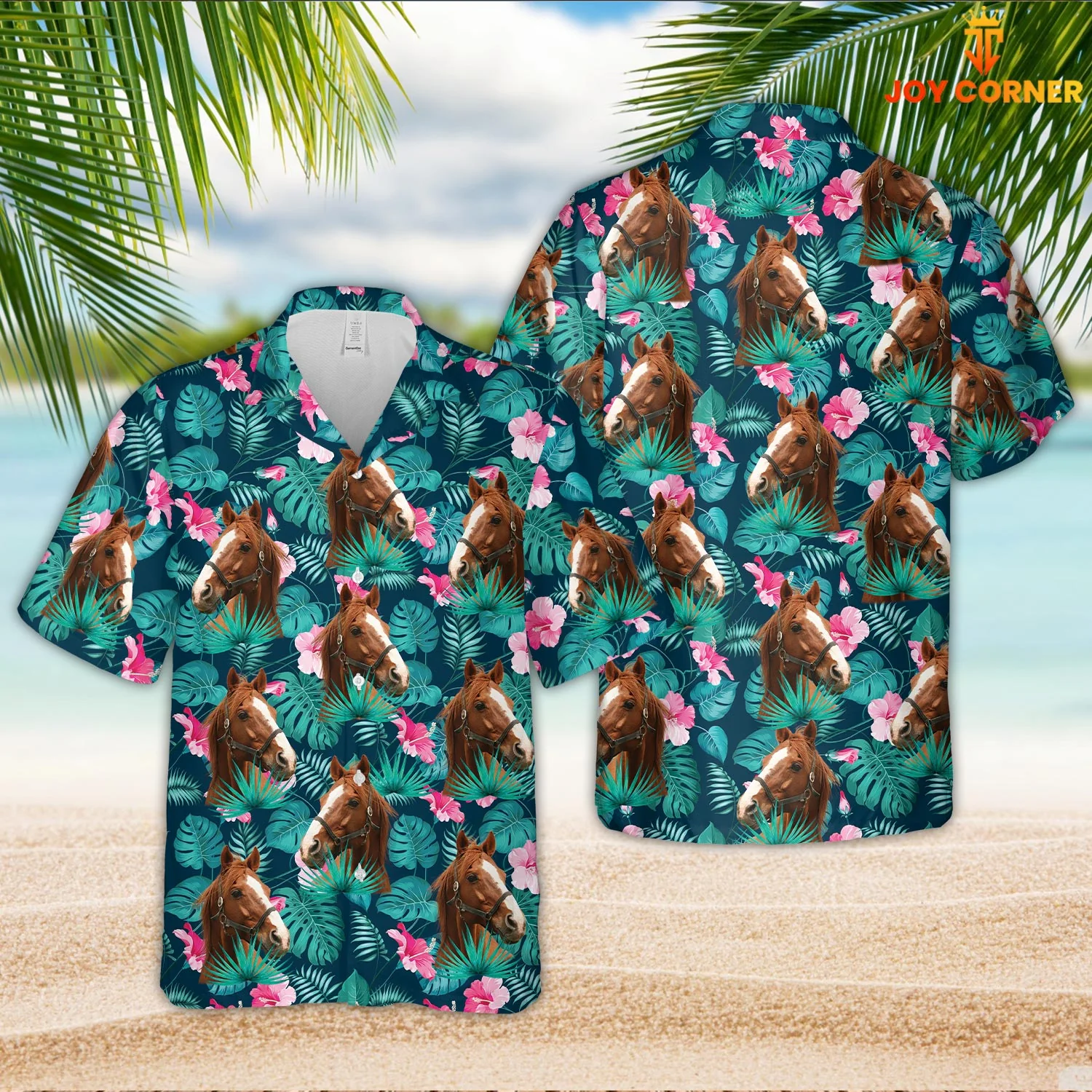 Horse Themed Hawaiian Shirt Blue Floral Designs Of Summertime 3D Print Premium
