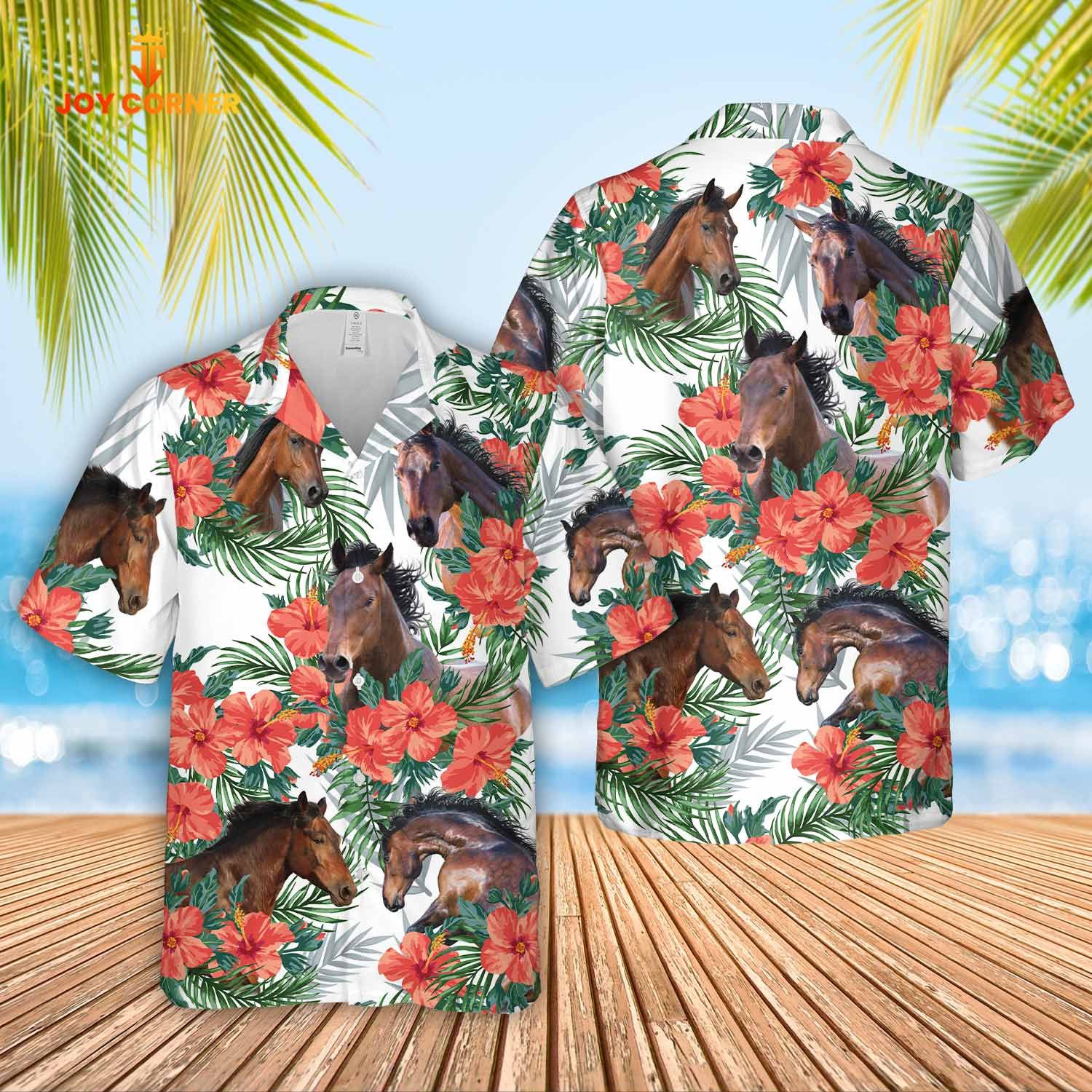 Horse Themed Hawaiian Shirt With Flower Embellishments