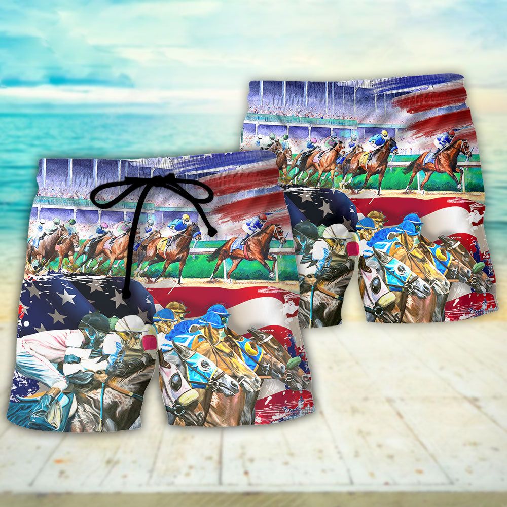Horse Usa Flag Horse Racing Amazing Seat Lover Art Style Trendy Aloha Hawaiian Beach Shorts