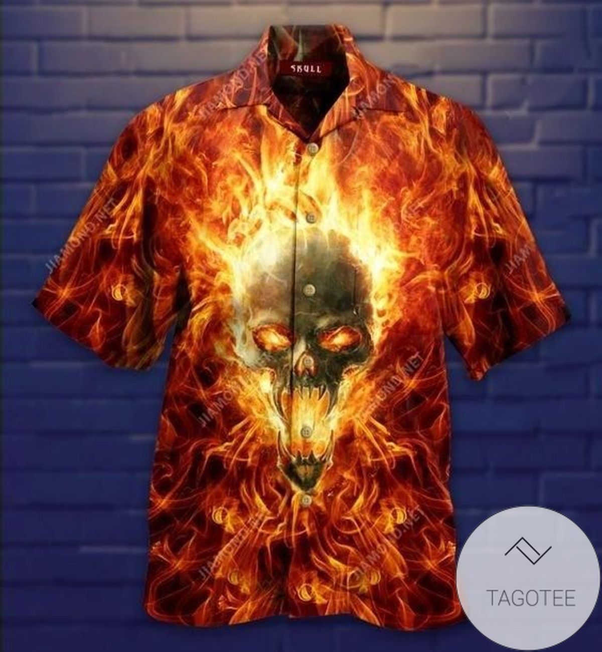 Hot As Hell Skull Design Emblazoned on Dynamic Hawaiian Shirt