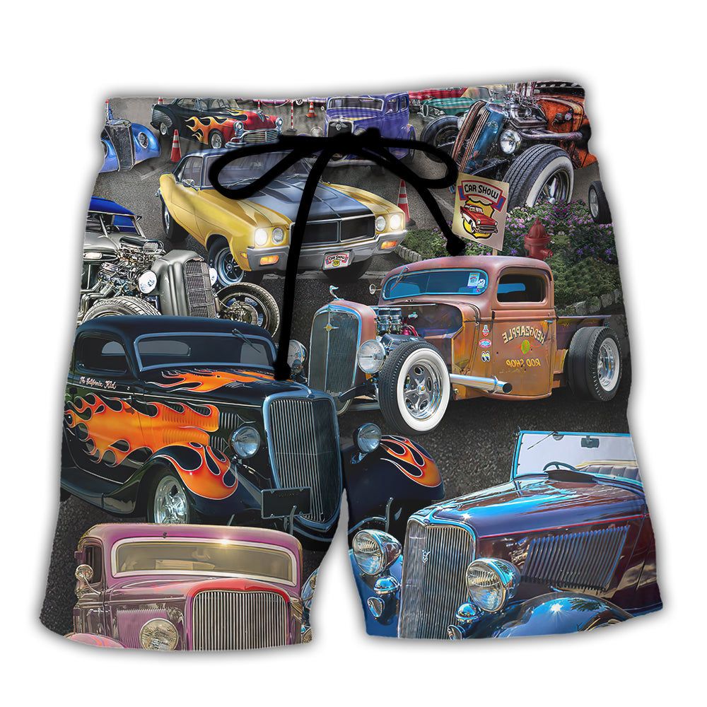 Hot Rod Diner Car Show Trendy Aloha Hawaiian Beach Shorts Hot Rod Diner Car Show Trendy Aloha Hawaiian Beach Shorts