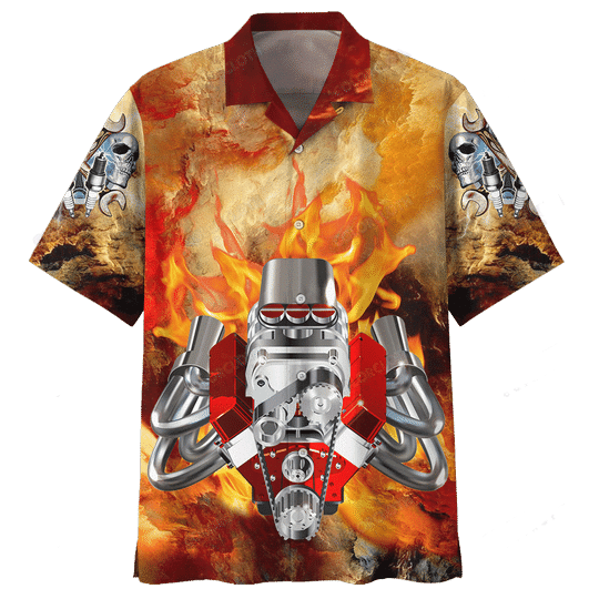 Hot Rod Hawaiian Shirt Firing Hot Rod Engine Red Brown Hawaii Aloha Shirt