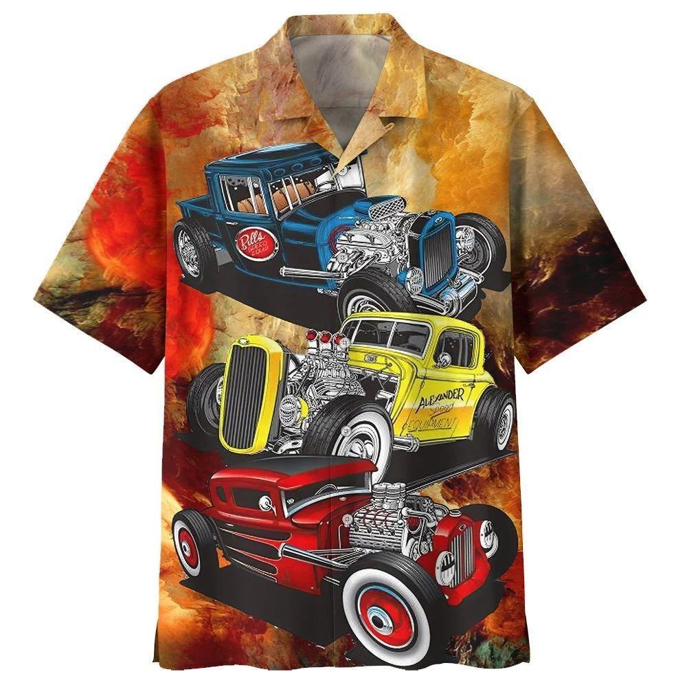 Hot Rod Hawaiian Shirt Hot Rod Blue Yelow Red Hawaii Aloha Shirt