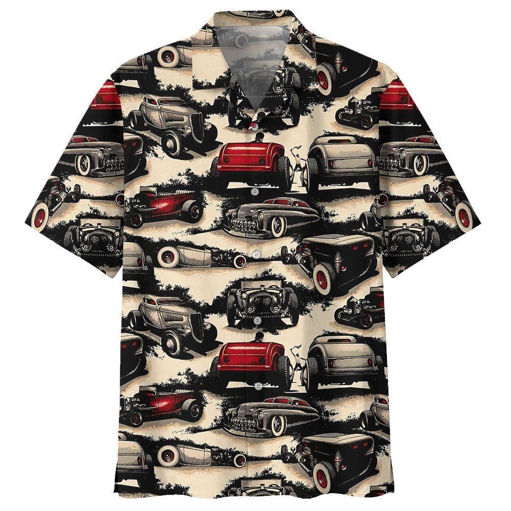 Hot Rod Hawaiian Shirt Vintage Hot Rod Pattern Black Red Hawaii Aloha Shirt