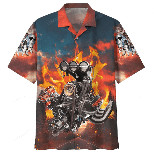 Hot Rod Trendy Hawaiian Shirt Hot Rod Engine Fire Red Blue Brown Hawaii Aloha Shirt