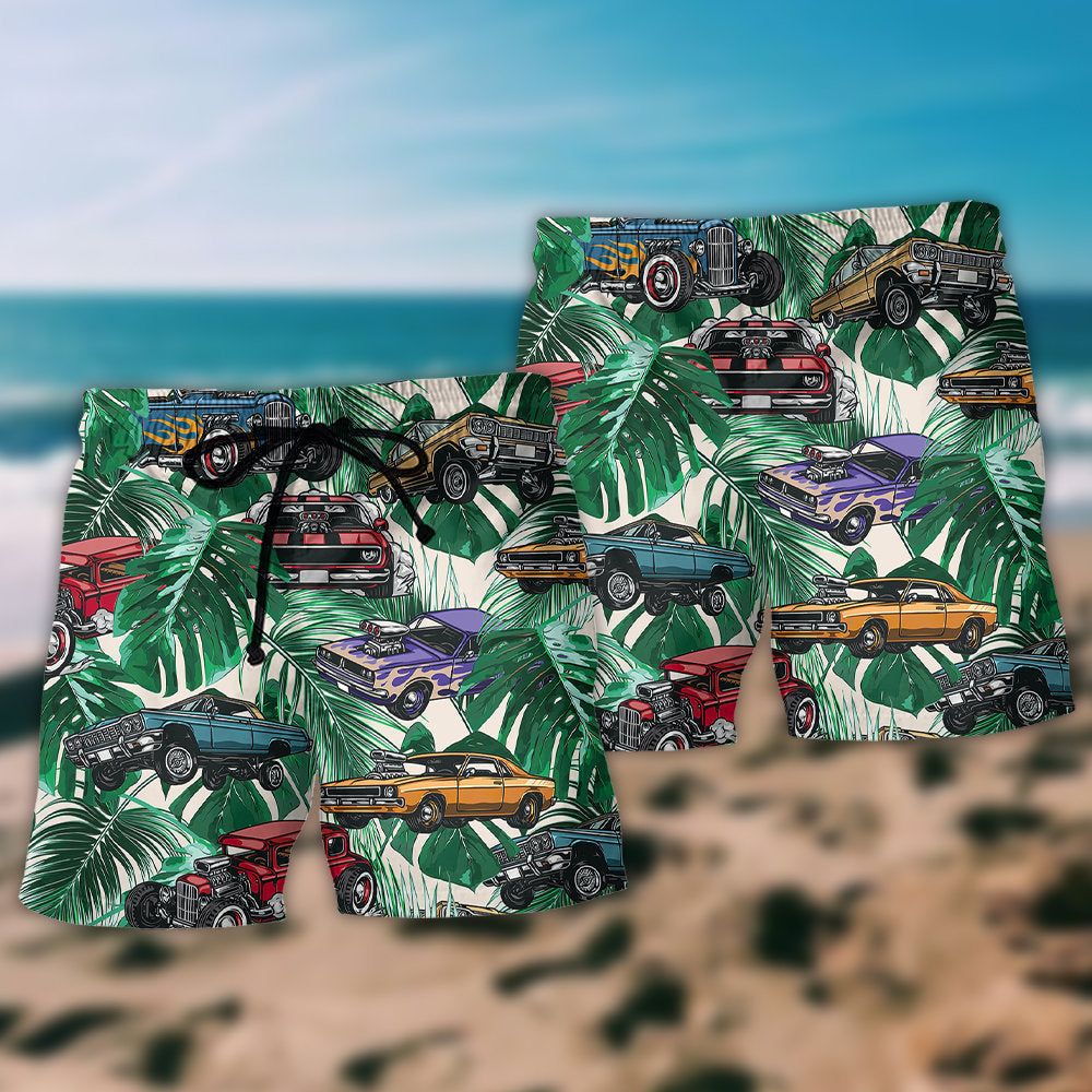 Hot Rod Tropical Leaf Trendy Aloha Hawaiian Beach Shorts