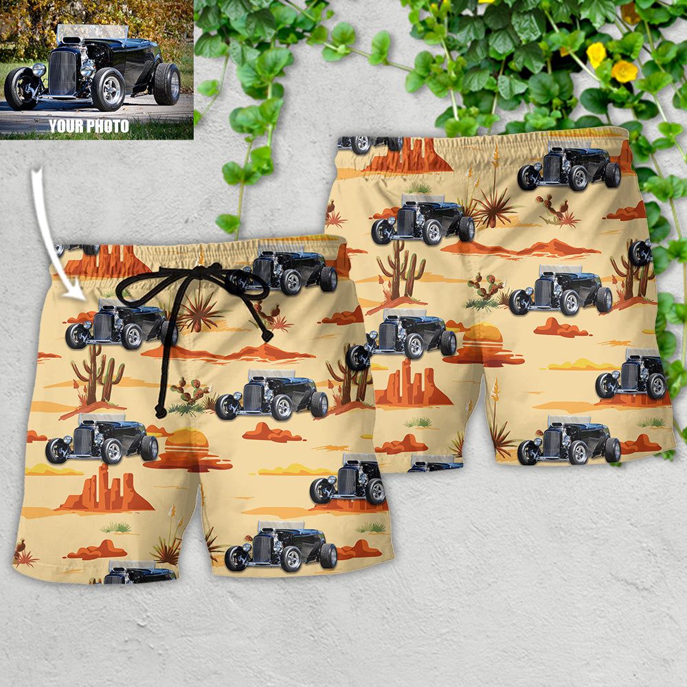 Hot Rod Vintage Landscape Cowboy Custom Photo Trendy Aloha Hawaiian Beach Shorts