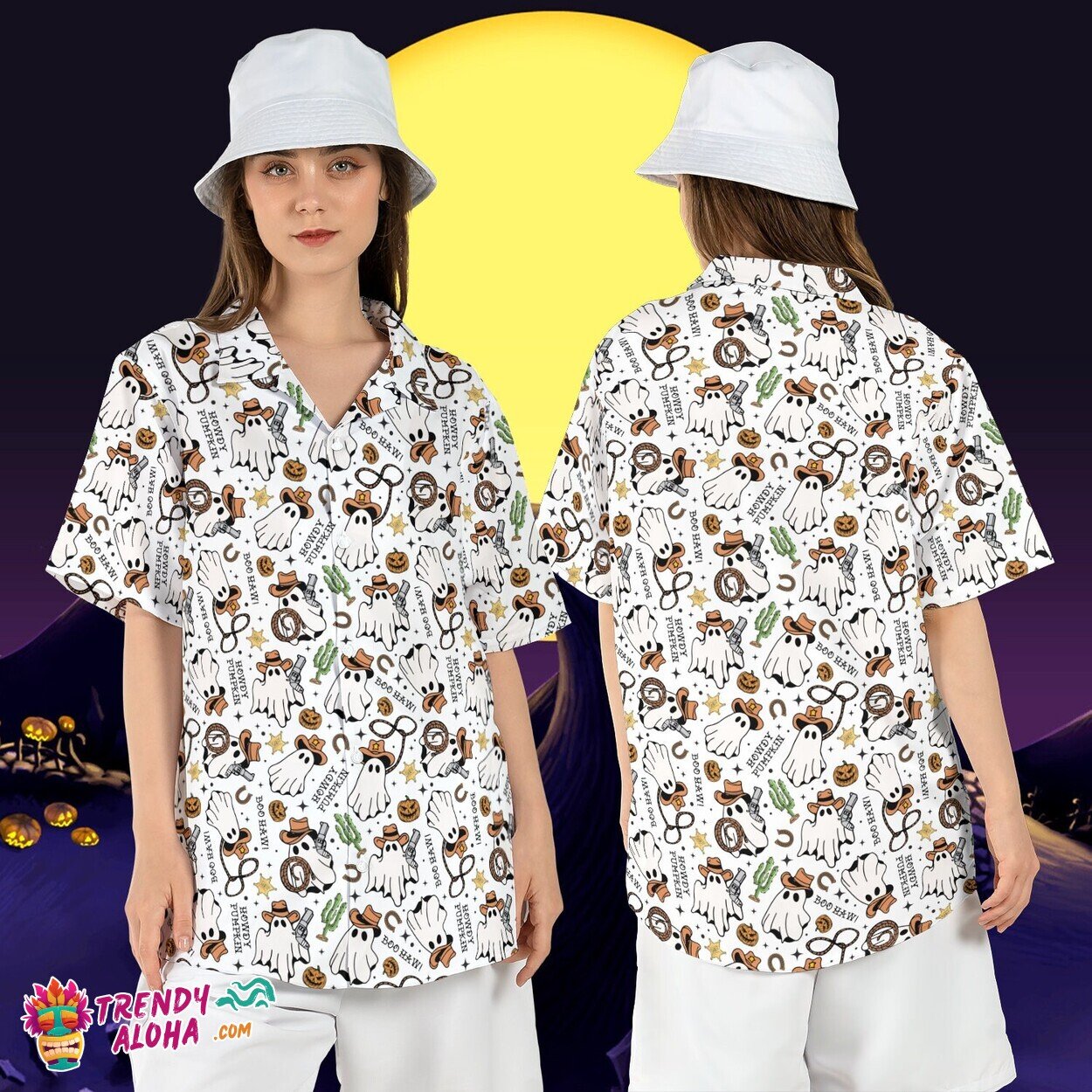 Howdy Ghosts Cowboy Halloween Spooky Pumpkin Western Aloha Tee