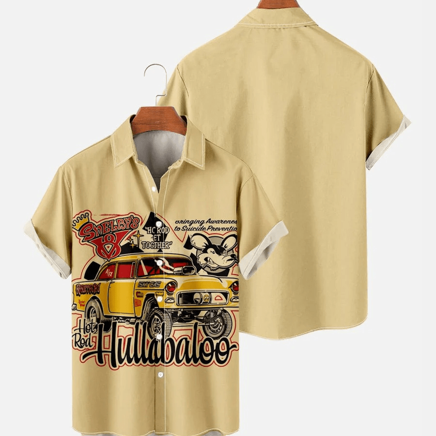 Hullaballo Car Men’s All Over Letter Poster Print Street, Trendy Hawaiian Shirt Vintage, Hawaii Shirts Mens