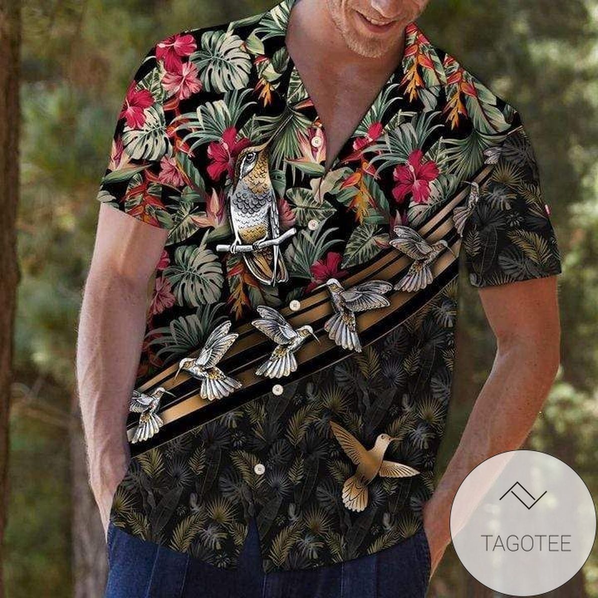 Hummingbird Amidst the Floral Beauty on Hawaiian Shirt