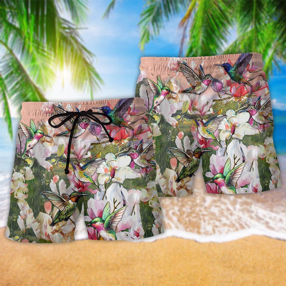 Hummingbird Blooming Magnolia Floral Trendy Aloha Hawaiian Beach Shorts