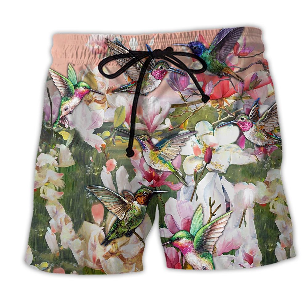 Hummingbird Blooming Magnolia Floral Trendy Aloha Hawaiian Beach Shorts Hummingbird Blooming Magnolia Floral Trendy Aloha Hawaiian Beach Shorts