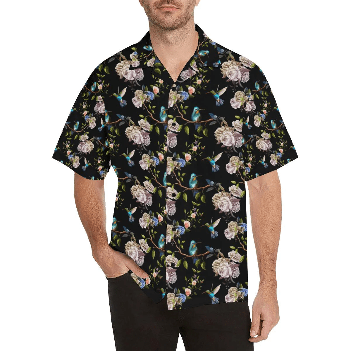 Hummingbird Flower Themed Print Trendy Hawaiian Shirt, Unisex Print Aloha Short Sleeve Casual Shirt Summer Gifts
