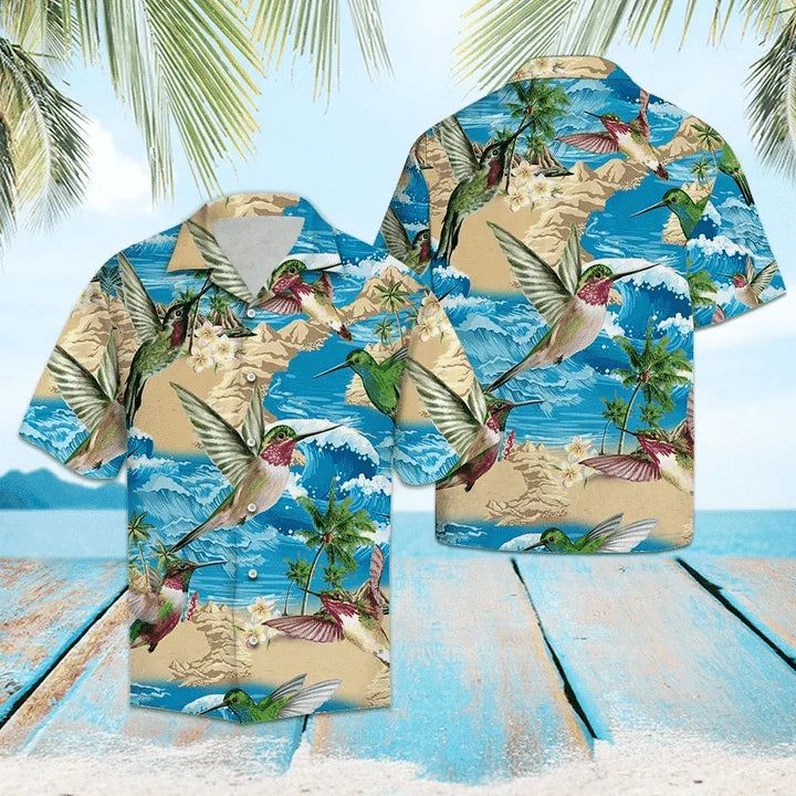 Hummingbird On Beach Summer Blue Wave Pattern Hawaiian Shirt For Men And Women