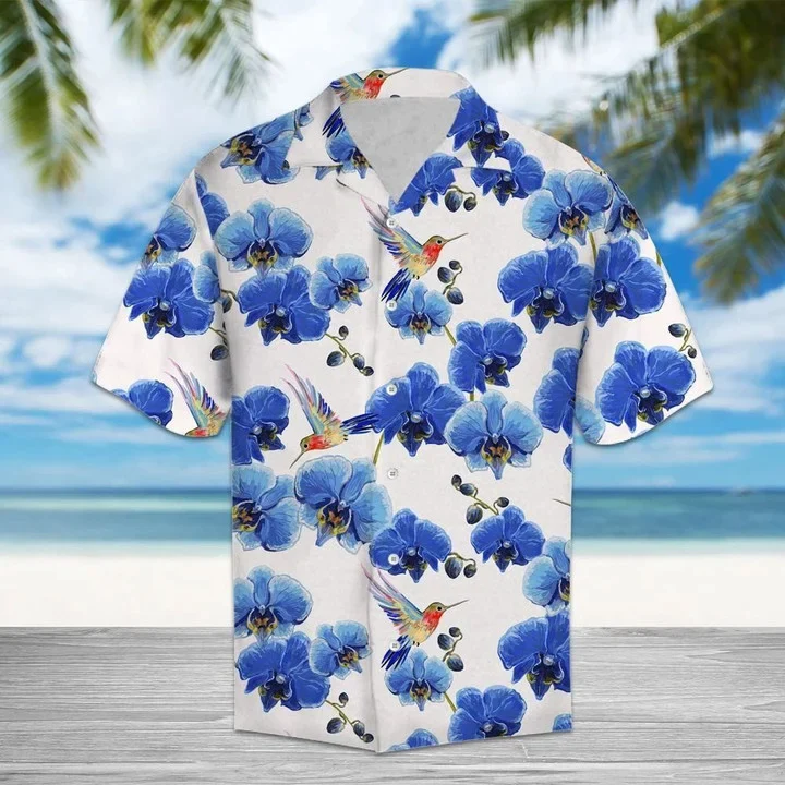 Hummingbird Sucking Blue Orchid In White Trendy Hawaiian Shirt