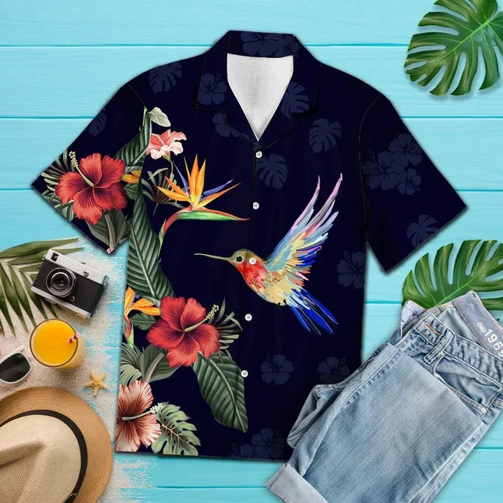 Hummingbird Trendy Hawaiian Shirt, Vivid Tropical Red Flower And Hummingbird Pattern Trendy Hawaiian Shirt