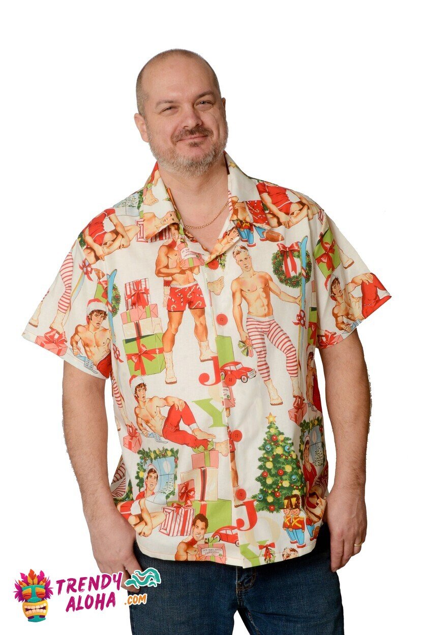 Hunky Christmas Elf Pattern Shirt for Hawaiian Themed Festive Wear