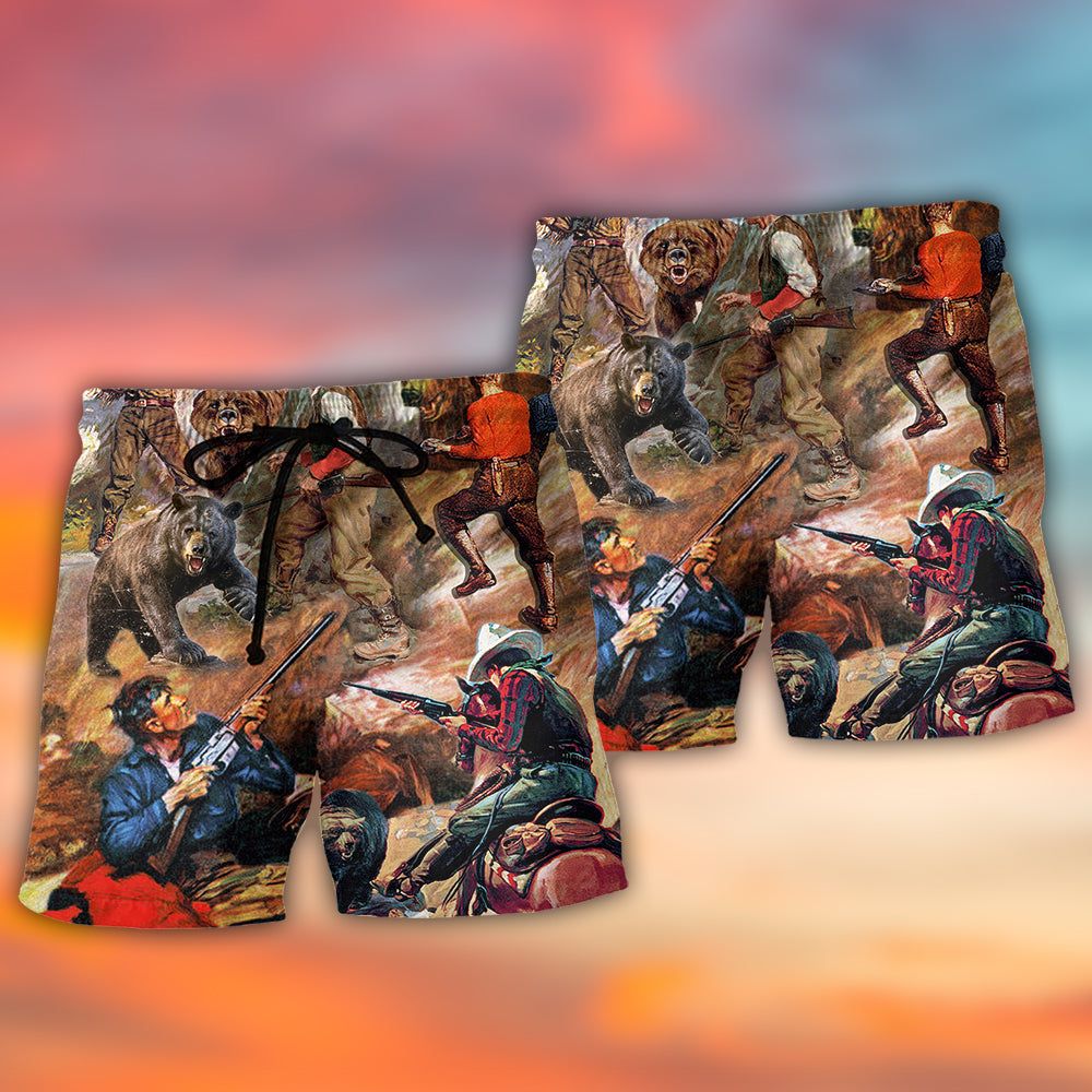 Hunting Bear Cow Boy Cool Art Style Trendy Aloha Hawaiian Beach Shorts