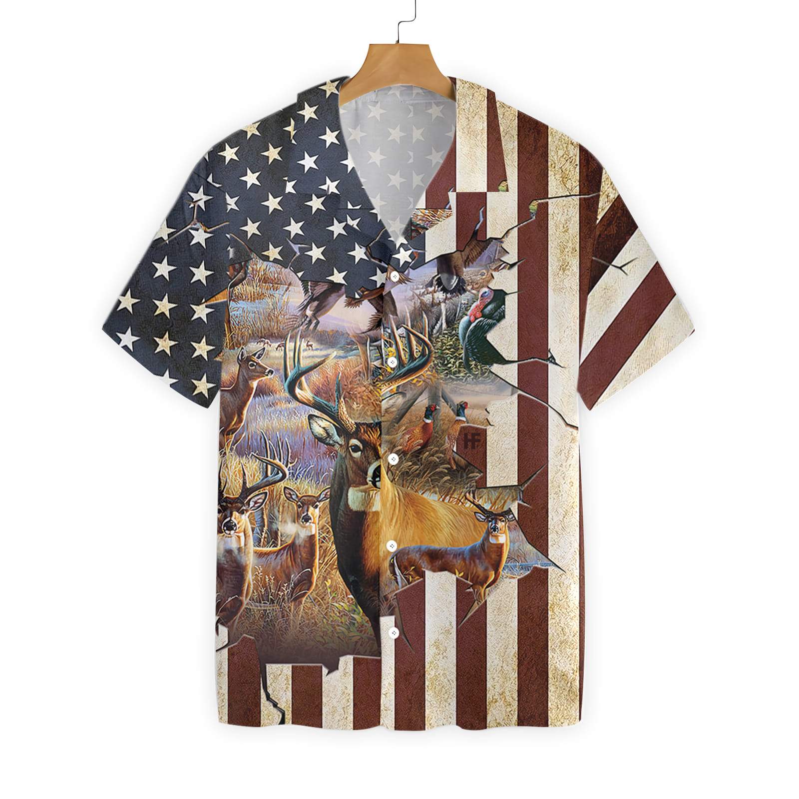 Hunting T-Shirt Deer Hunting American Flag Background Hawaiian Shirt