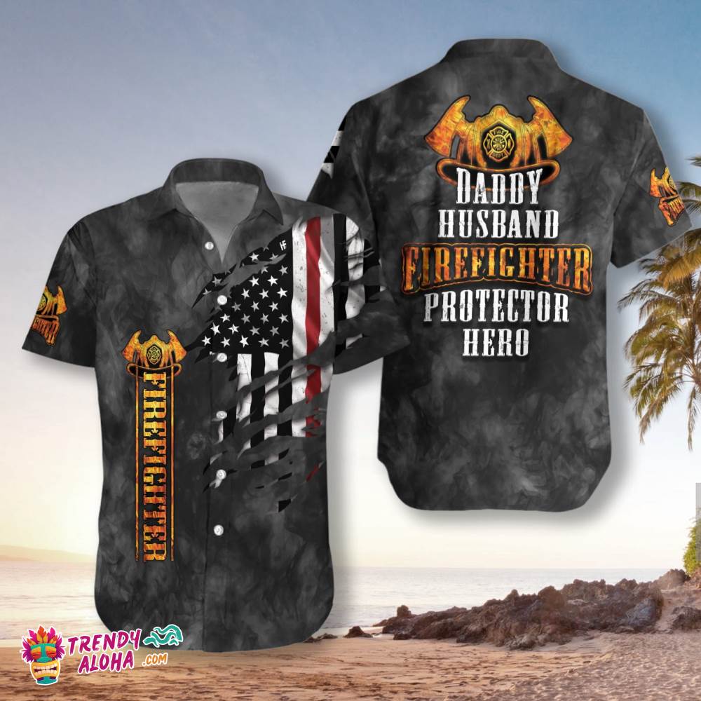 Husband Daddy Firefighter Protector Hero Firefighter Hawaiian Shirt, Black Ripped American Flag Firefighter Shirt For Men