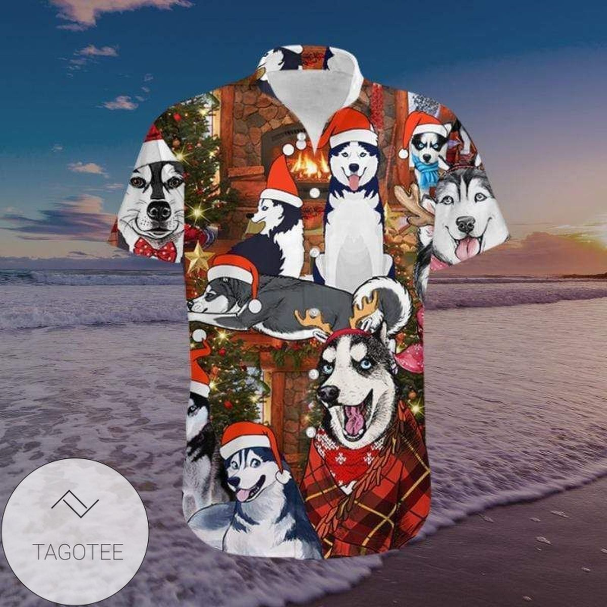 Huskies Enjoying a Christmas Scene on a Hawaiian Shirt