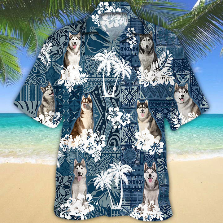 Husky Hawaiian Tropical Plants Pattern Blue And White All Over Printed 3D Hawaiian Shirt