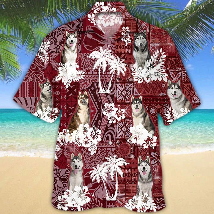 Husky Red Hawaiian Shirt, Gift For Dog Lover Shirts, Men’s Hawaiian Shirt, Summer Hawaiian Aloha Shirt