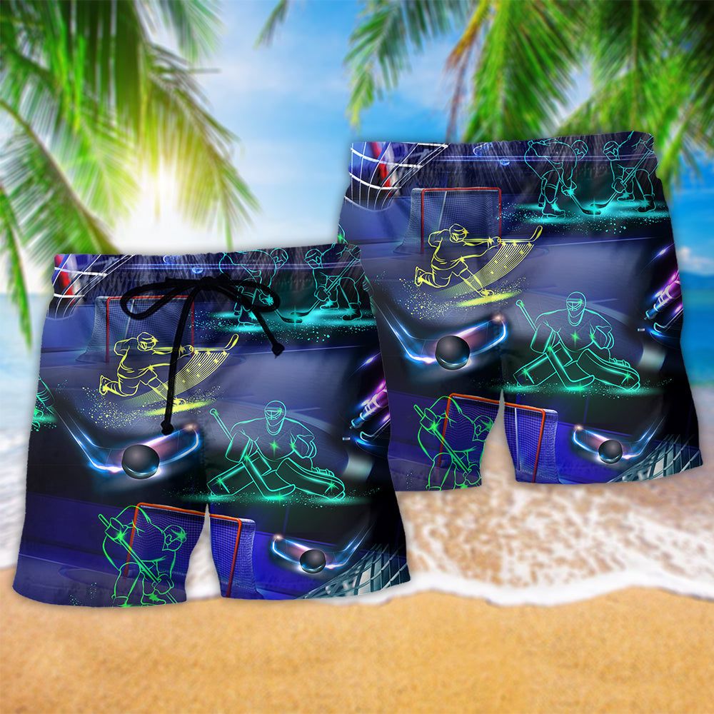 Ice Hockey Neon Art Color Trendy Aloha Hawaiian Beach Shorts