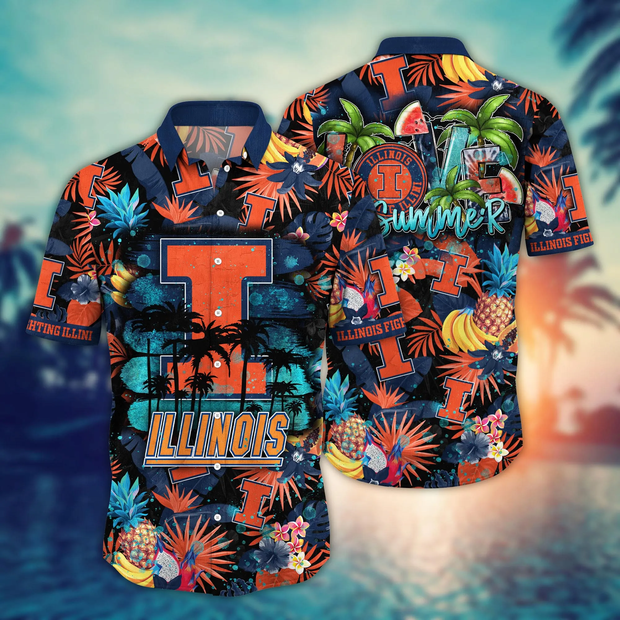 Illinois Fighting Illini NCAA Hawaiian Shirt Summer Nightstime Aloha Shirt Illinois Fighting Illini NCAA Hawaiian Shirt Summer Nightstime Aloha Shirt
