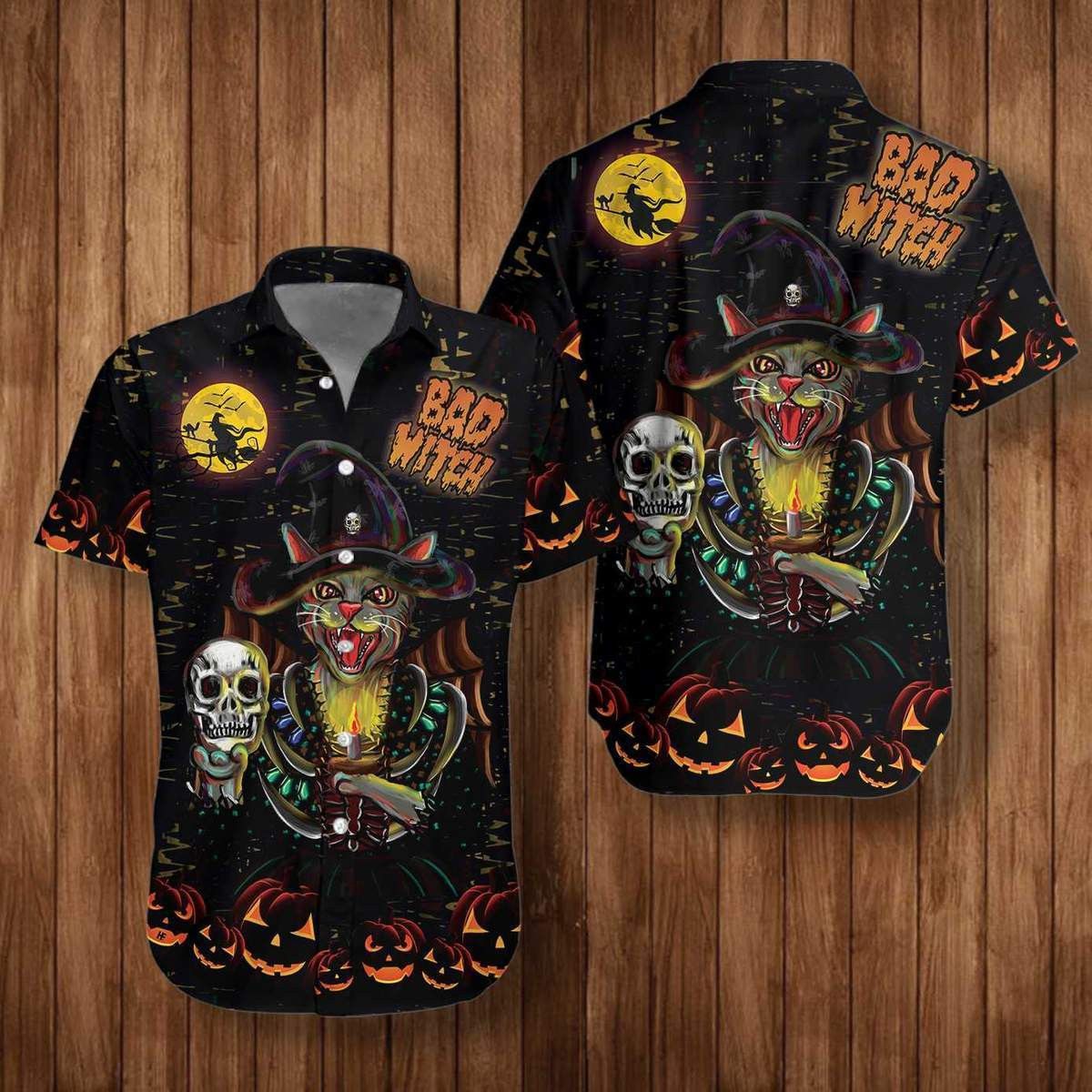 I’m A Bad Witch Cat Halloween Trendy Hawaiian Shirt, Unisex Print Aloha Short Sleeve Casual Shirt