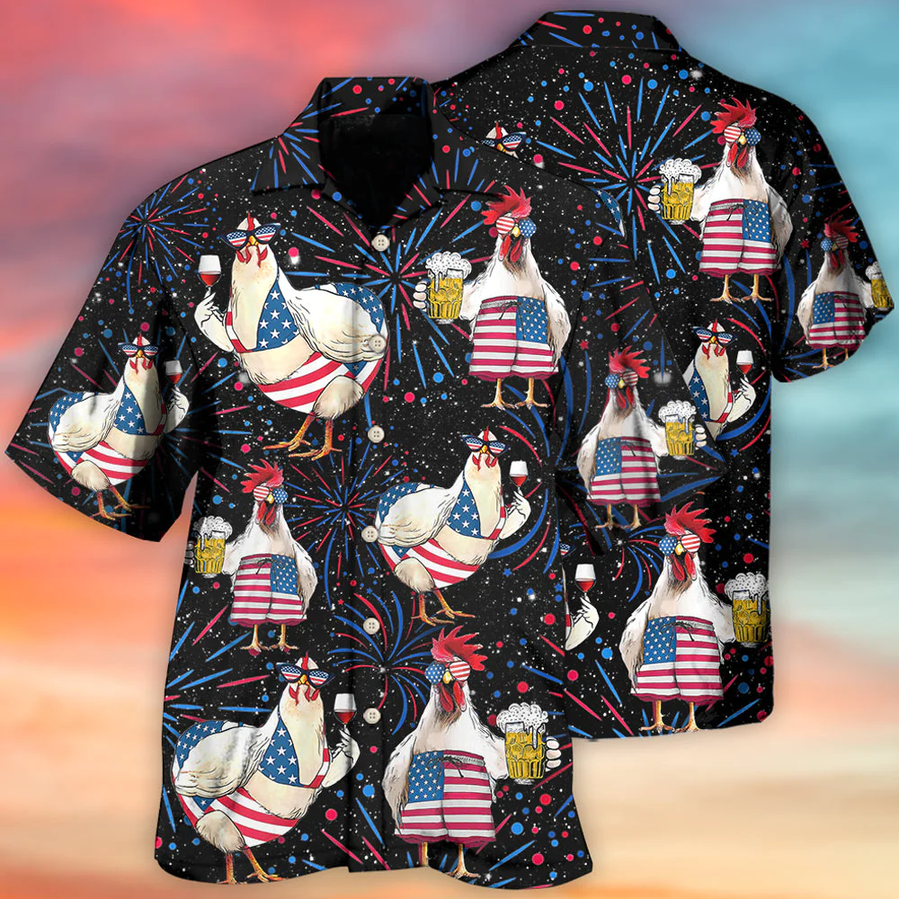 Independence Day Chickens Beer All Printed 3D Hawaiian Shirt
