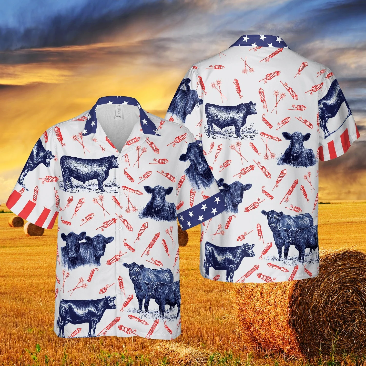 Independence Day Fire Cracker Black Angus Pattern All Printed 3D Trendy Hawaiian Shirt